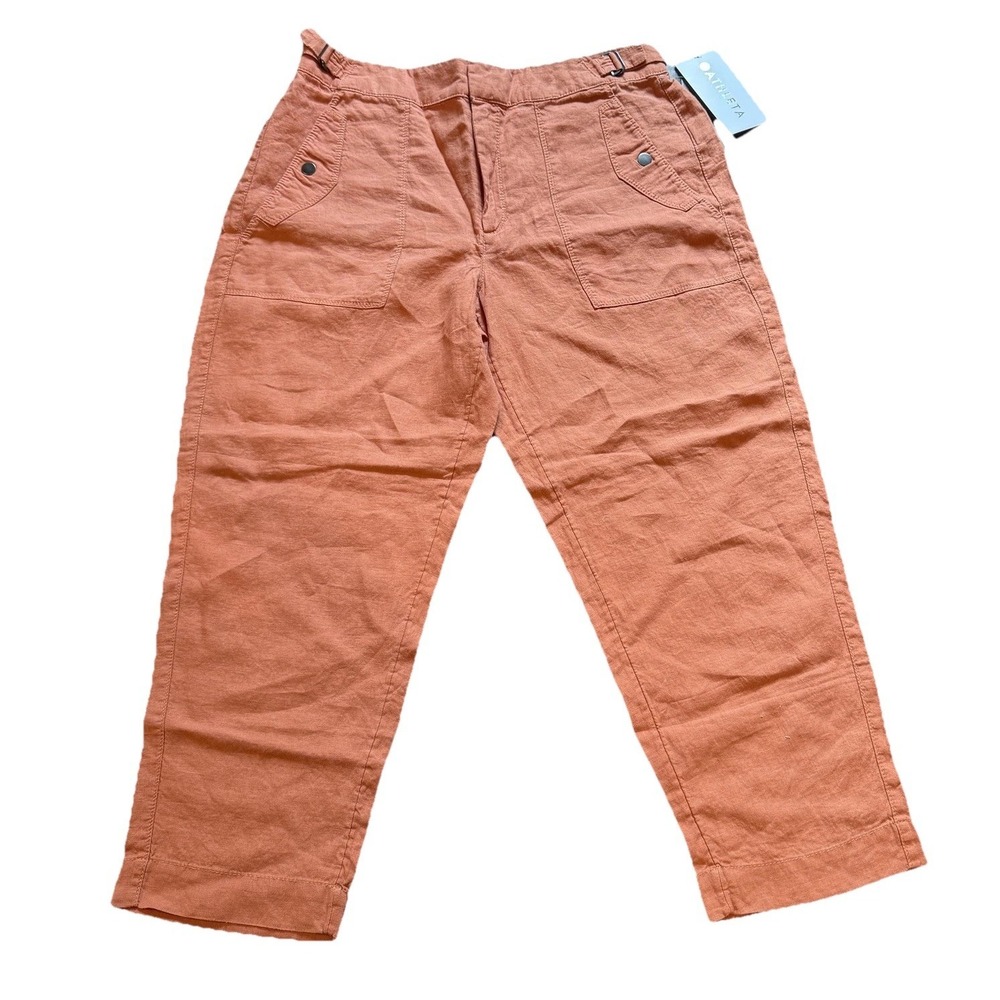 Athleta Voyager Linen Pants Womens Sz 12 Petite Rust Orange Tapered Ankle Travel